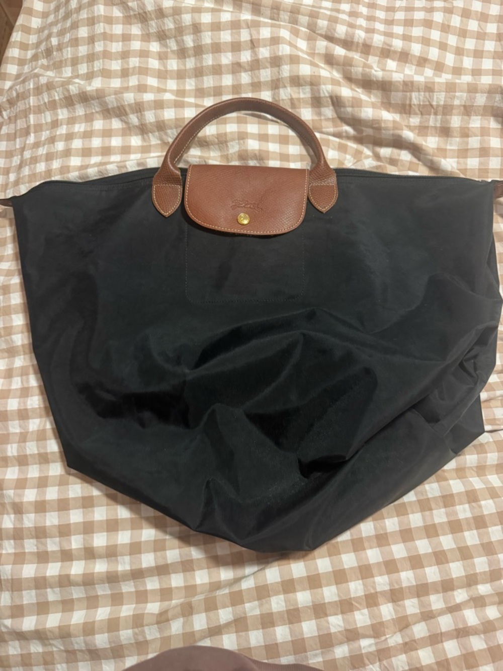 Longchamp Black Tote Bag with Brown Leather Trim